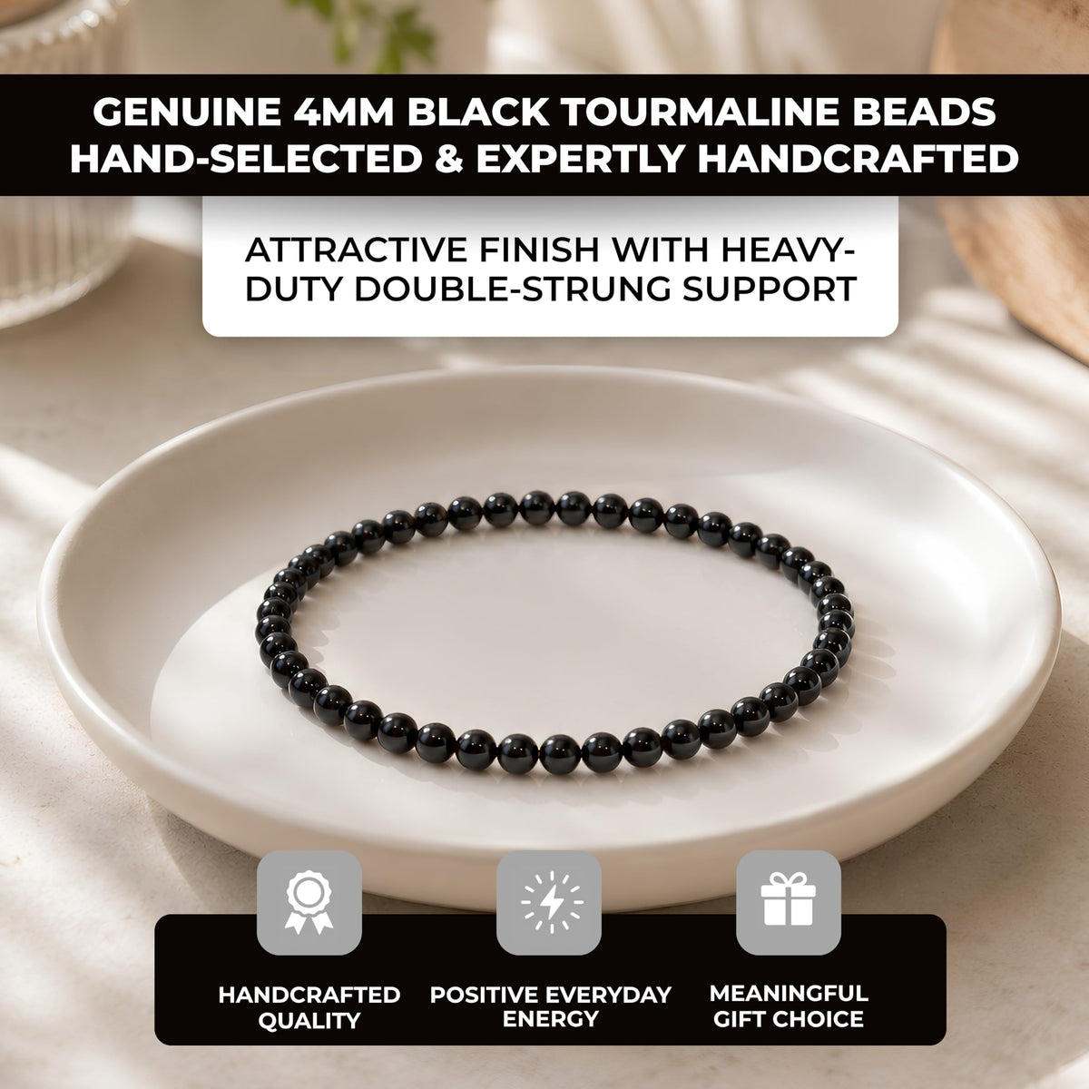 Black Tourmaline Bracelet 4mm Beaded Bracelet (Black Tourmaline / Medium)