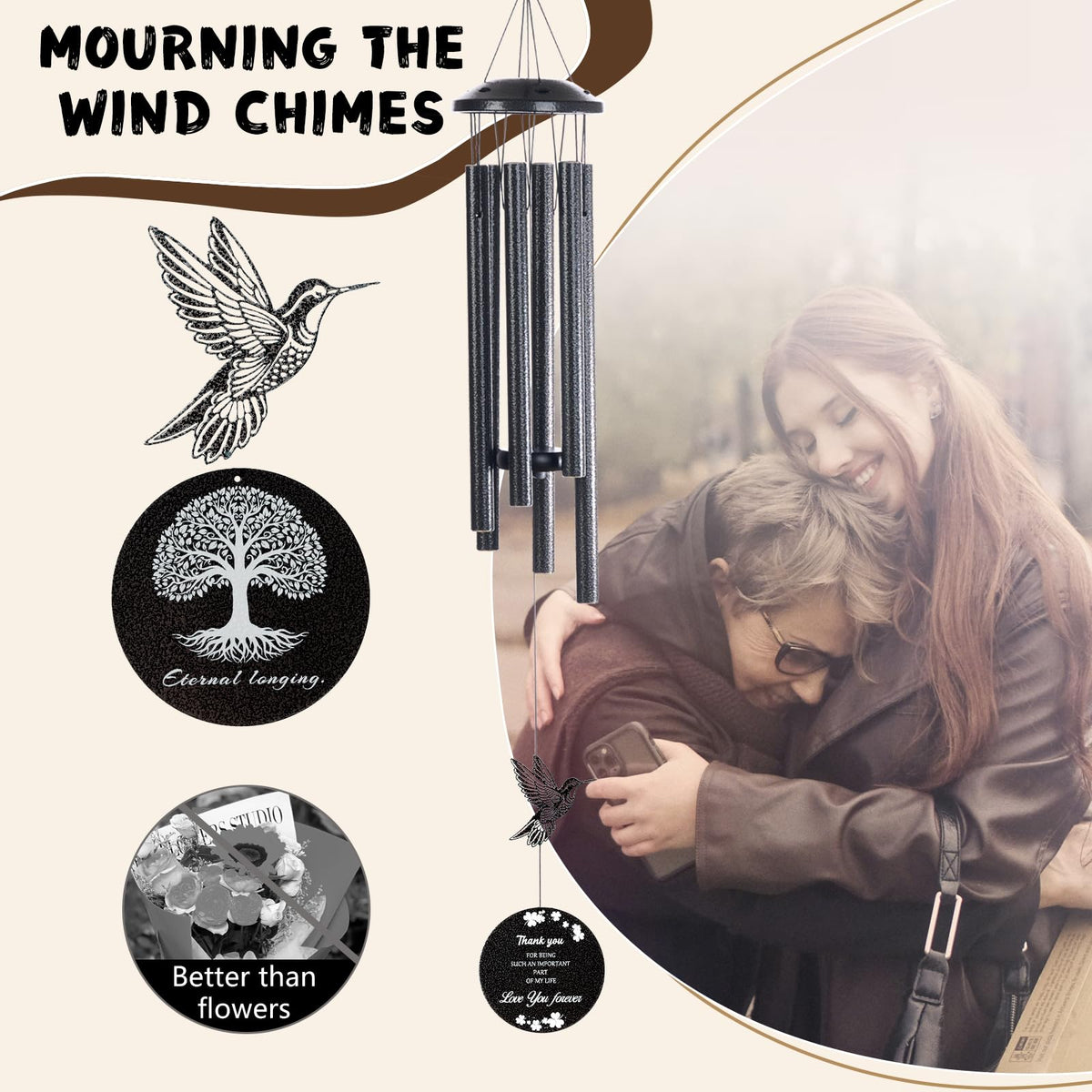 37 inch Hummingbird Wind Chimes are Suitable for Garden (Black)