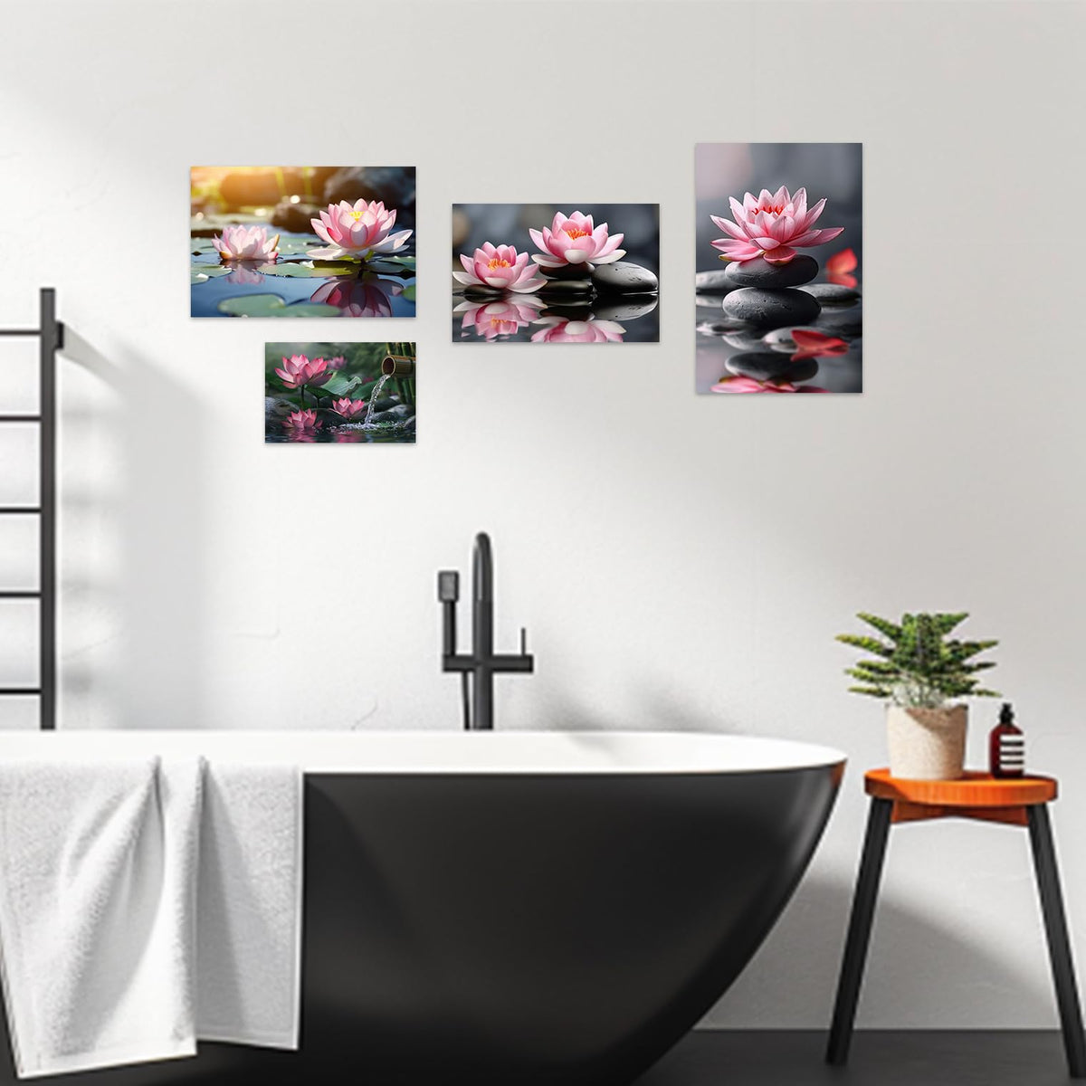 Pink Lotus Flower Picture Zen Flower Wall Art Spa Meditation Canvas Poster Spiritual Yoga Bathroom Print Wall Decor Framed (Pink / 16"L x 24"W)