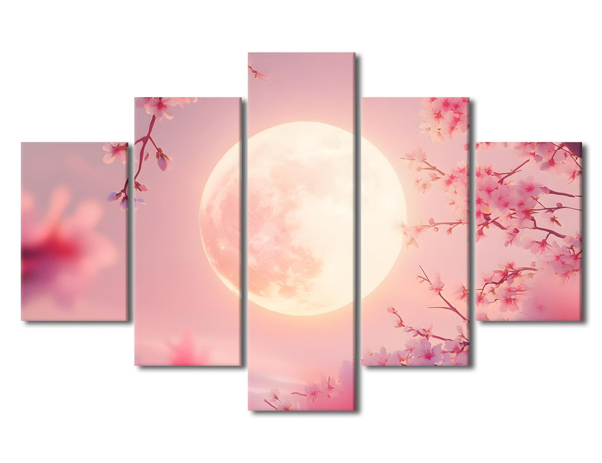 Canvas Wall Art Premium Moonlight Sakura Symphony Large Framed Poster Floating Petals Artwork Bedroom Wall Display Five Panel Poetic Nightscape Ready To Hang 60"Wx40"H (60''Wx40''H / Artwork-15)