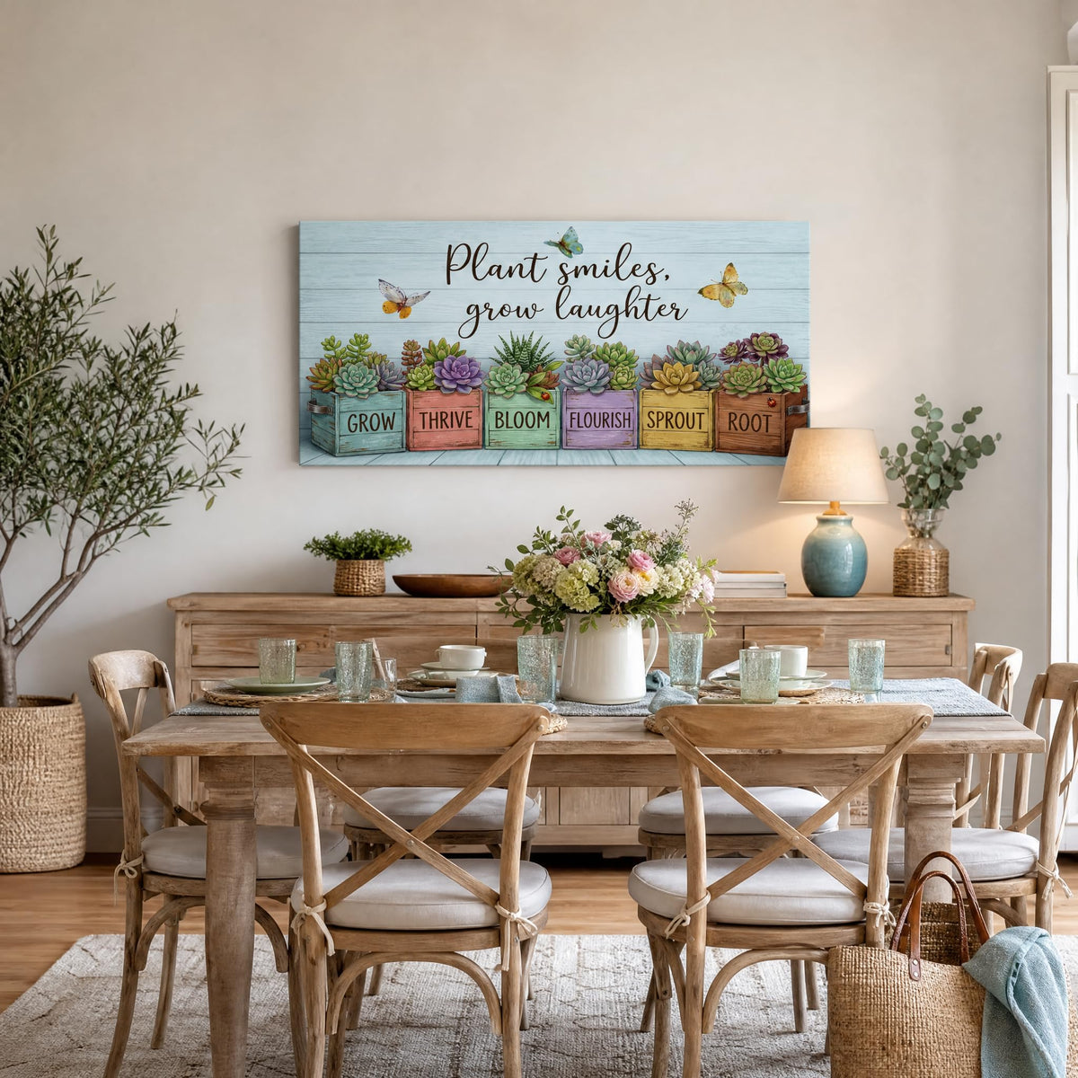 Rustic Succulent Canvas Wall Art Colorful Faux Wood Planter Box Painting Flat Print Gallery Wrapped Botanical Artwork for Living Room Bedroom Bathroom Decor (Bohemian / Yellow Succulent Garden 14 / 40"L x 20"W)