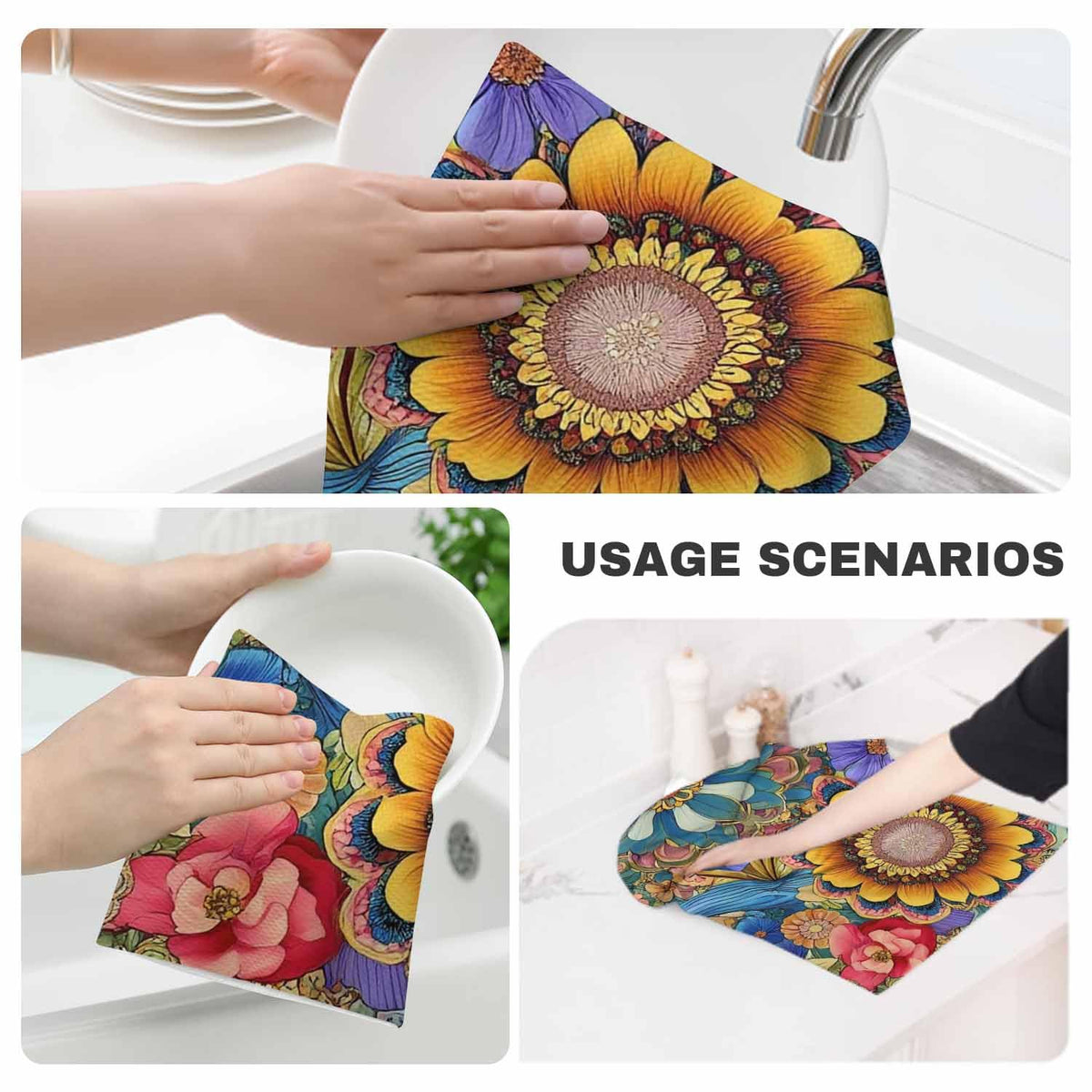 Boho Floral Kitchen Towels Colorful Flowers Soft and Super Absorbent Dish Towels 2 Pack 16 X 24 Inches (Boho Floral)