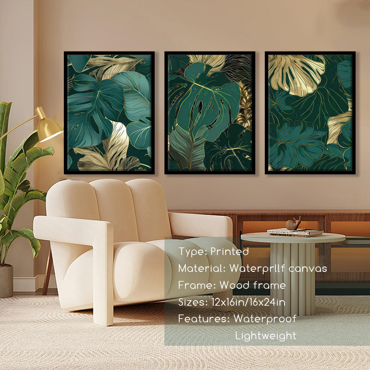 Tropical Botanical Leaf Wall Art Dark Green Picture Wall Decor (Green Leaf-3pcs / 12 X 16 Inches)