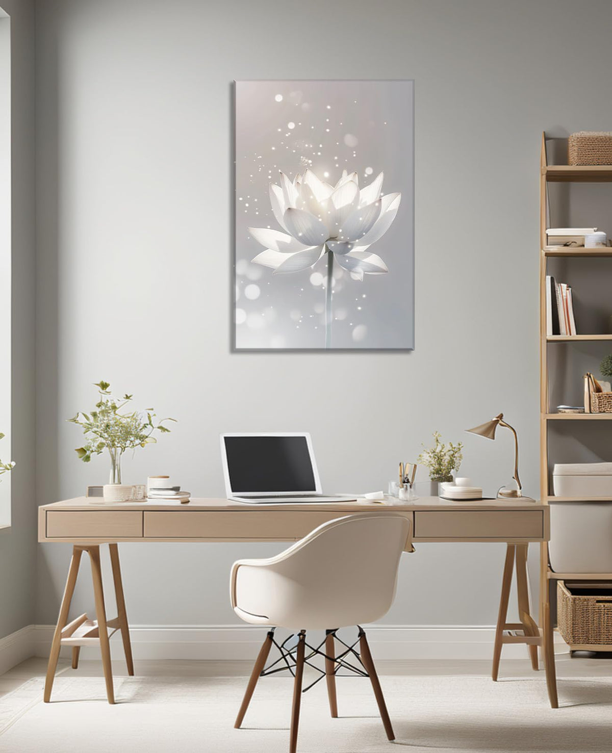 Large Zen Lotus Wall Art White Lotus Picture Relaxation Meditation Painting Floral Canvas Prints Spiritual Room Bathroom Living Room Office Wall Decor Framed (42"L x 28"W / F - Grey White)