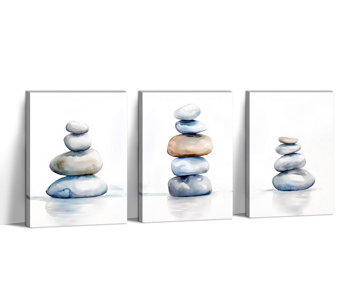 Zen Canvas Wall Art 3Pcs Spa Stones Picture Meditation Spiritual Painting Balancing Stones Watercolor Poster for Living Room Yoga Room Bathroom Wall Decor Framed (Zen-8 / 16.00"x24.00"x3P)