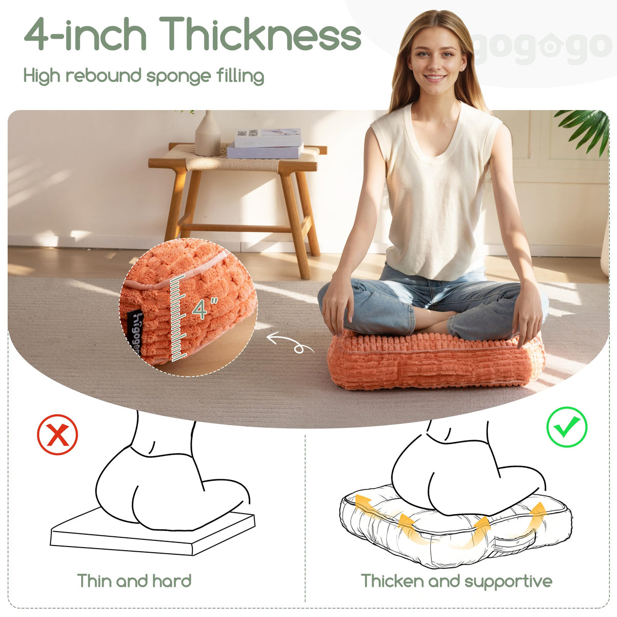 Floor Pillow Cushion for Adults (Square Coral / 4" Thick(Pack of 2))
