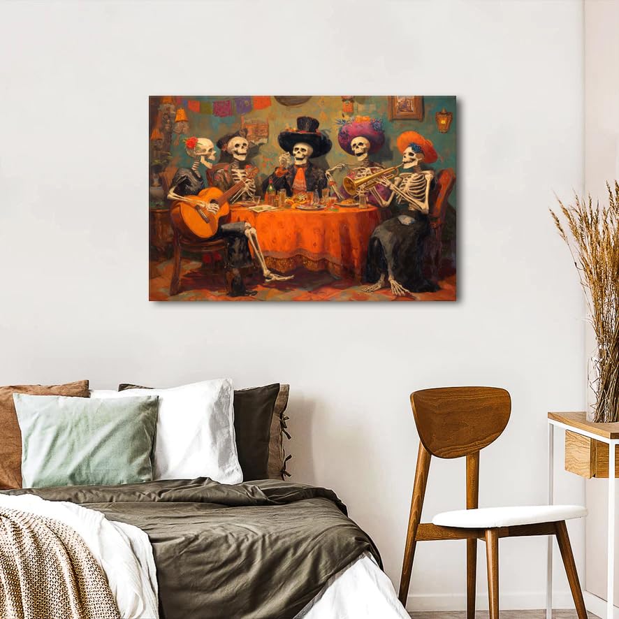 Watercolor Halloween Canvas Wall Art Gothic Skull Canvas Wall Decor Skeletons Party Painting Poster Funny Skull Prints Pictures Halloween Artwork for Kitchen Dining Room Home Decorations 24x36" (36"L x 24"W / Skull Party)