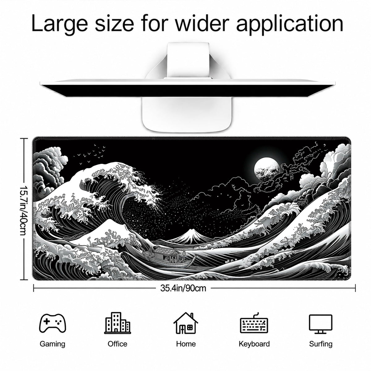 Black White Japanese Large Gaming Mouse Pad Desk Mat Extended Mousepad (Black and white waves / 35.4"x15.7")