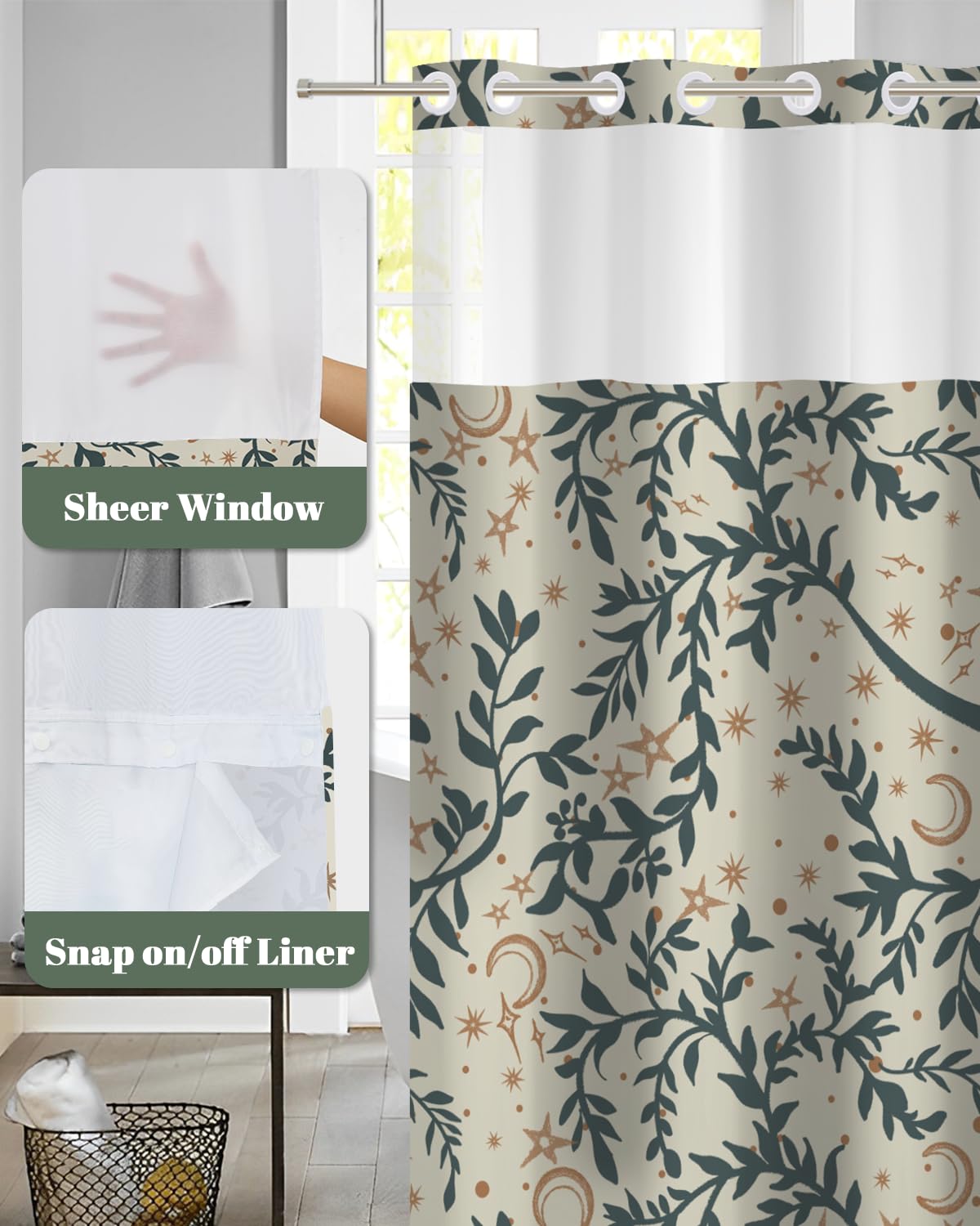 Boho Celestial Shower Curtain with Snap in Removable Liner (Moon and Star)