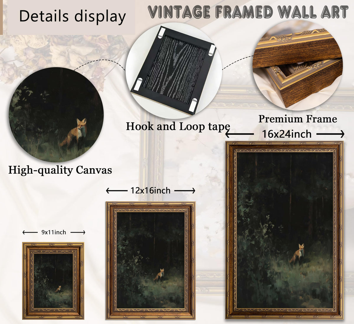 Vintage Gold Framed Wall Art Dark Academia Fox Canvas Wall Decor Forest Wildlife Picture Retro Woodland Animals Fox Print Artwork for Bedroom Living Room Rustic Cabin Farmhouse (forest Fox / 24"L x 16"W)