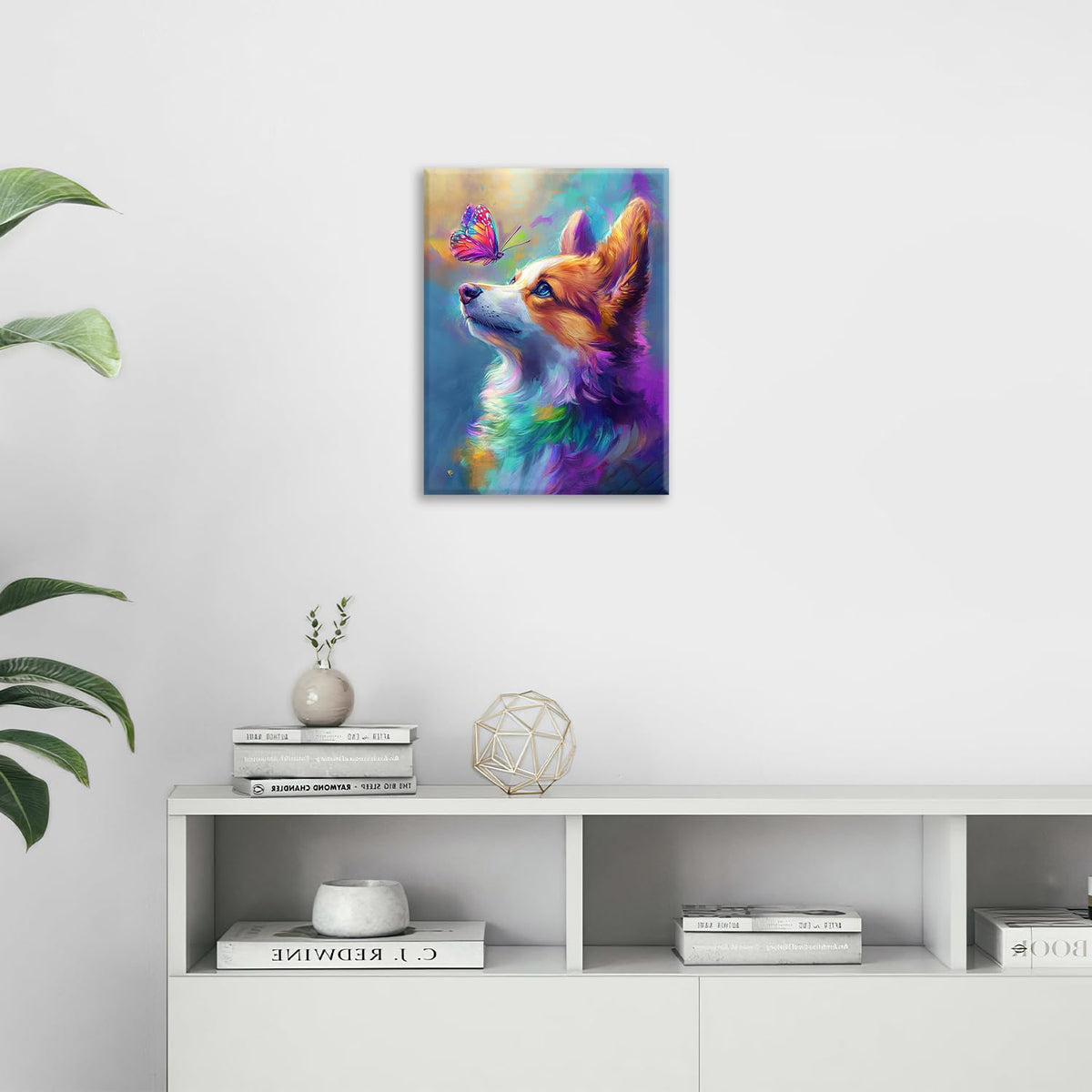Colorful Corgi Canvas Wall Art Butterfly Painting Framed ArtWork 16"x24" (Colorful Corgi / 24"L x 16"W)