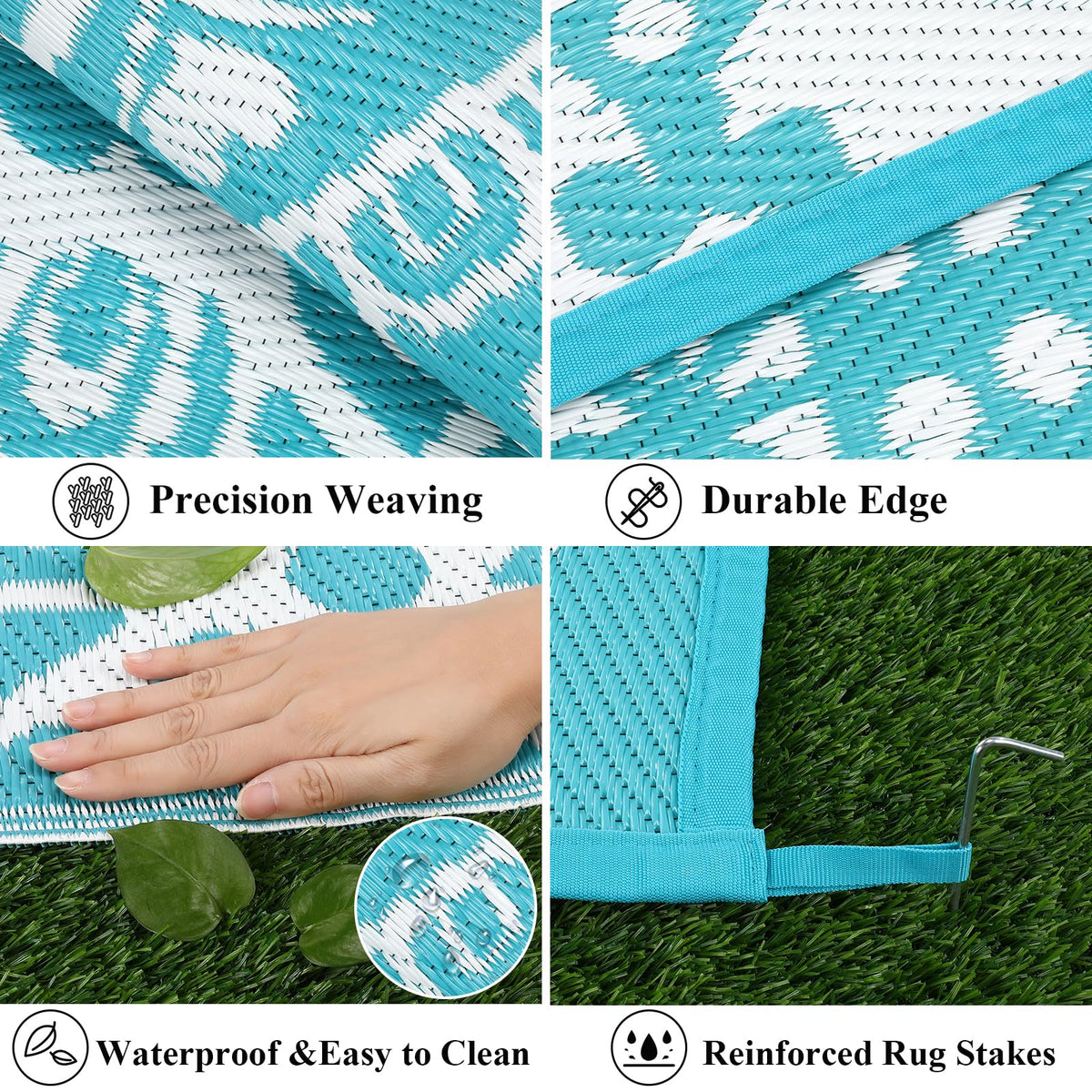 Waterproof Outdoor Rug 6'x9' Reversible Boho Plastic Straw Patio Deck Camping Rugs (Flower Teal / 6' x 9')