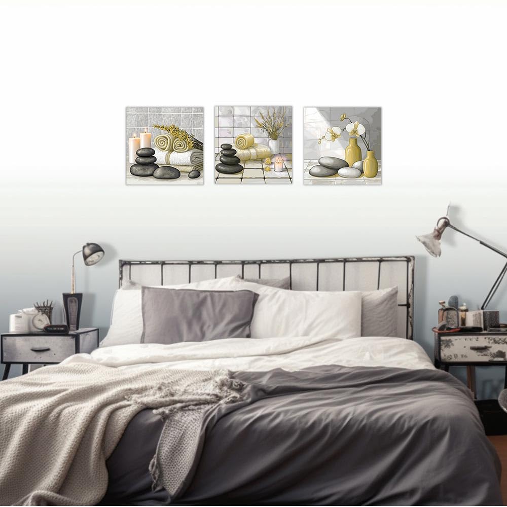 3 Piece Canvas Wall Art Zen Spa Themed Bathroom Wall Decor Zen Stones Painting with Candles Towels Lavender Orchids Prints Home Office Decor Framed (Yellow / 12"x12"x3 Pieces)