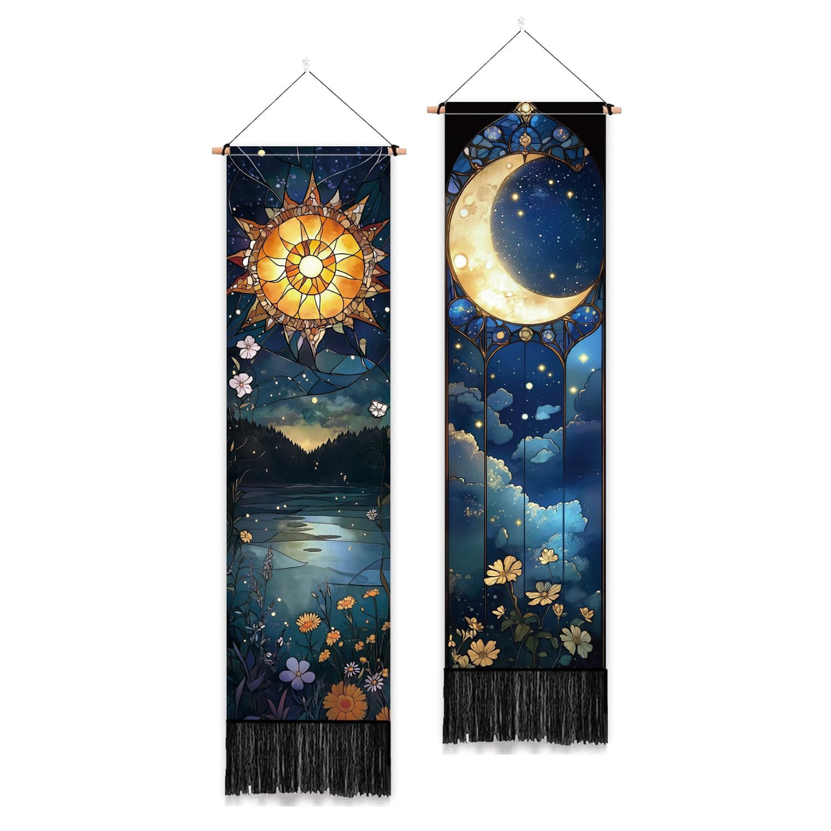 2 Pack Sun Moon Tapestry with Tassels (blue,yellow)