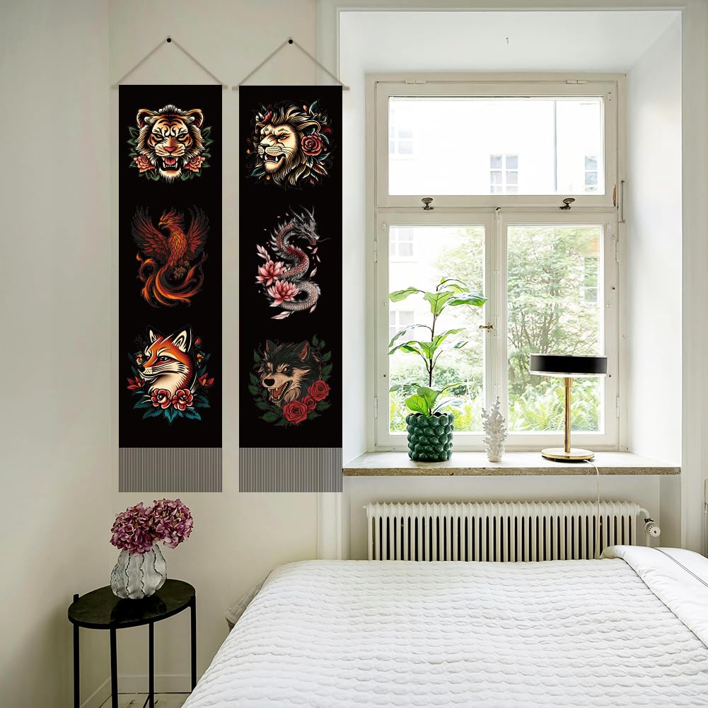 2Pcs Mythical Animals Long Vertical Tapestry (Black-tiger lion)