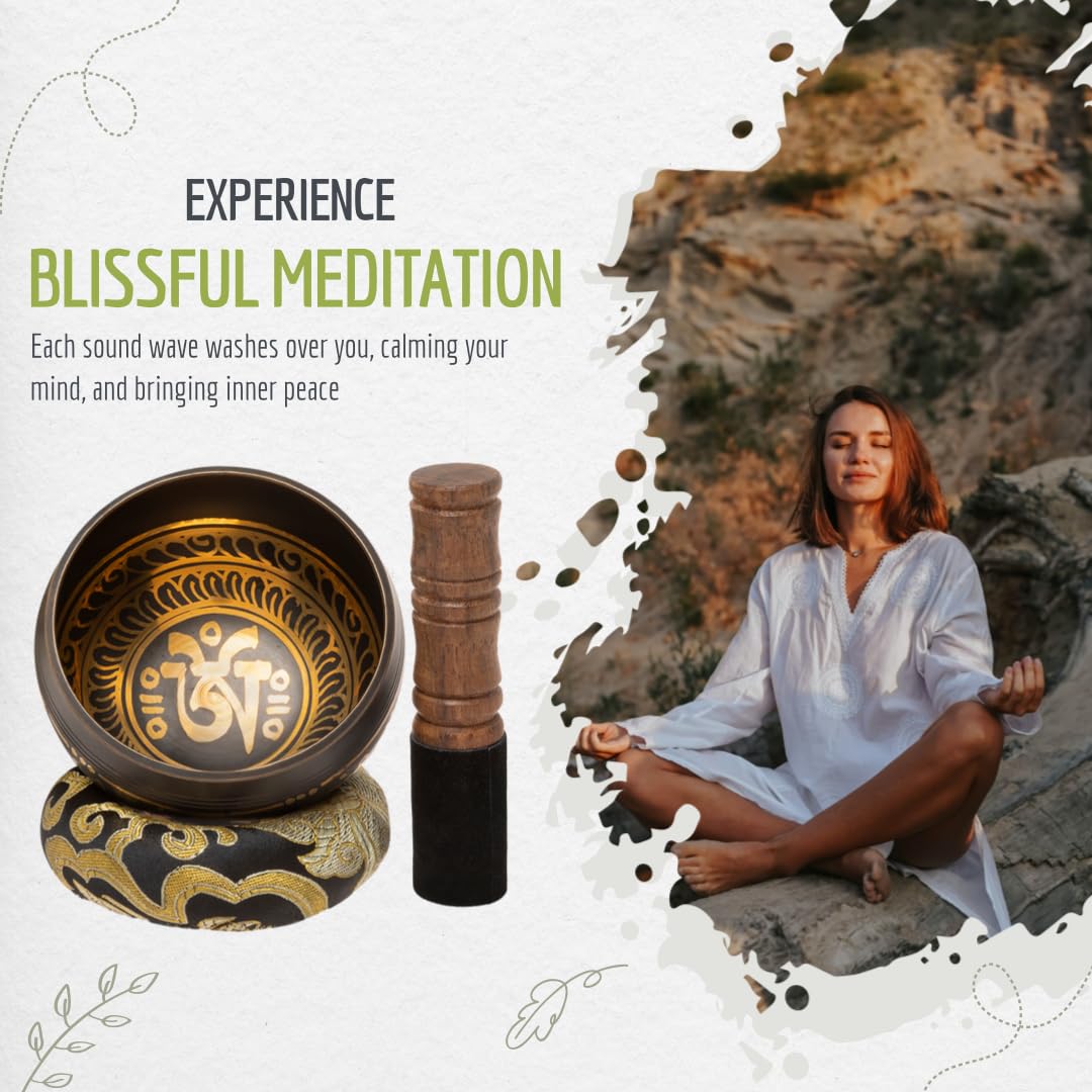 4" Tibetan Singing Bowl Set with 7 Chakra Stones & Bracelet (Black Set with Case + Chakra Stones + Bracelet)