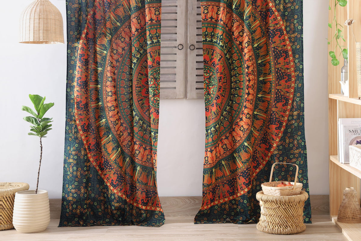 Indian Hippie Bohemian Beautiful Elephant Peacock Mandala Curtain Panels Olive Green (38"W x 83"L (Pack of 2) / Olive Green)