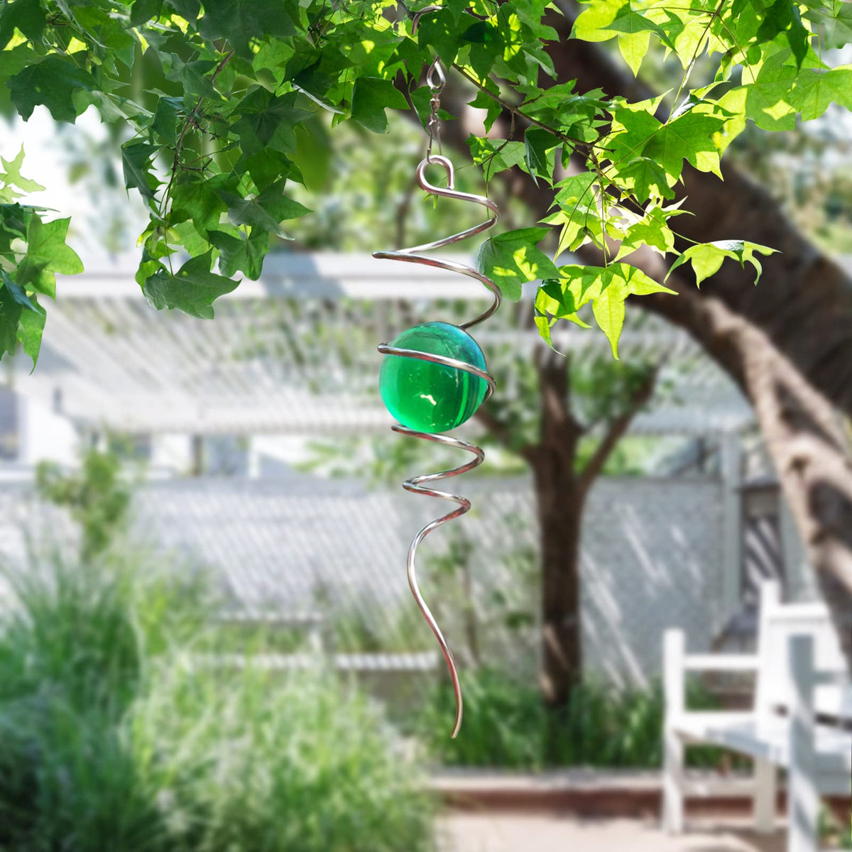 Wind Spinner Tail Gazing Ball Spiral Decorative Wind Spinners Sun Catcher 11inch Tail and 2 inch Glass Orb. Indoor Outdoor Garden Decoration Wind Spinner Stabilizer (13in / 007-green)