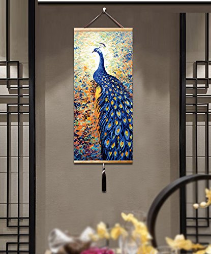 Canvas Painting Prints Wall Scroll Fengshui Art for Decor 45x18in (Scroll peacock8B)