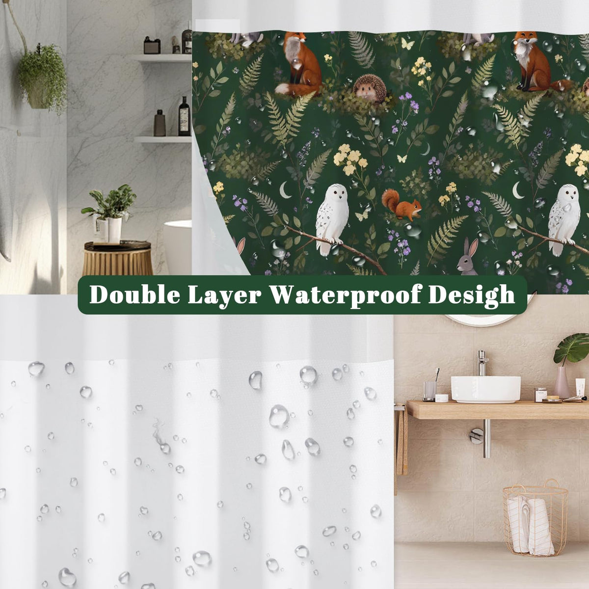 Whimsical Woodland Animals Shower Curtain with Snap in Liner (Gothic Animal)