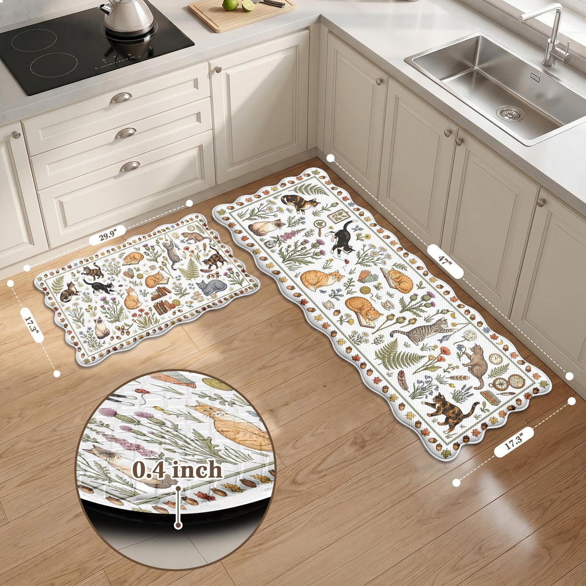 Anti Fatigue Kitchen Mats Set of 2 (Garden Cats / 17.3''x29.9''+17.3''x47'')