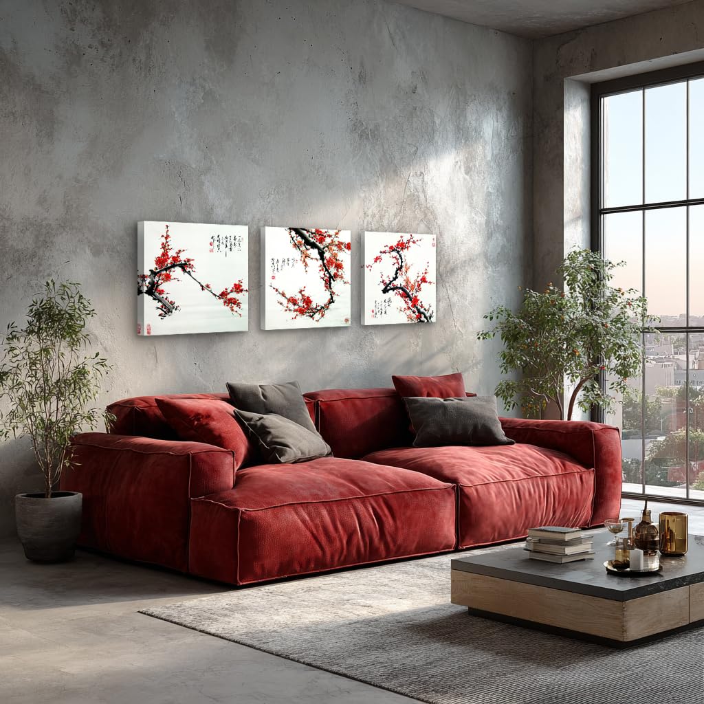 Small Size Traditional Chinese Painting of Plum Blossom Canvas Prints 3 Panels Wood Framed Red Plum Blossom Wall Art Plum Flowers Print Painting 30x30cm Each Panel (Red Plum / 12x12 inches (3 pieces))