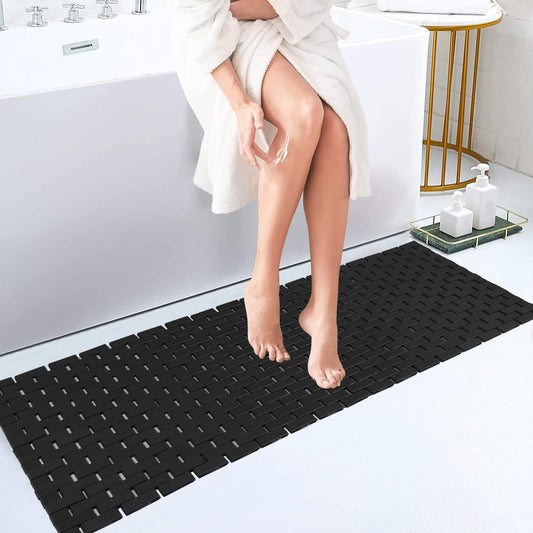 Bambo Bath Mat Bathroom Runner Long Large Rugs Floor Wood Shower Bathtub Waterproof Non Slip Accessories 16x48 Inch Easy to Clean (Black / 16x48 Inch-1 pc)
