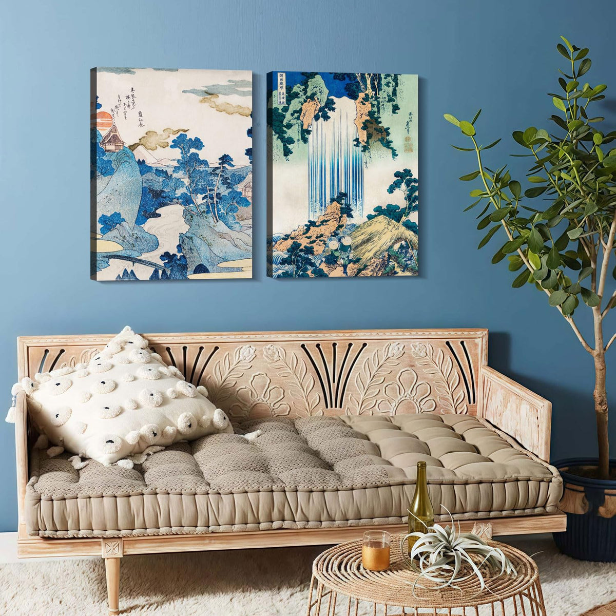 2 Pcs Japanese Landscape Waterfall Wall Art Ukiyo (Blue Landscape / 24"L x 16"W)