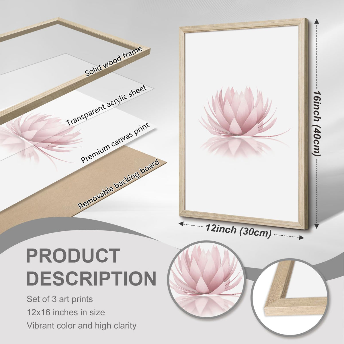 Inhale Exhale Wall Art Zen Canvas Decor Yoga Lotus Wall Art Calming Meditation Artwork Pink Yoga Poster Zen Pictures Painting for Living Room Bedroom 12x16 Inch Wood Framed Set of 3 (Framed / Yoga Wall Art / 16"L x 12"W)