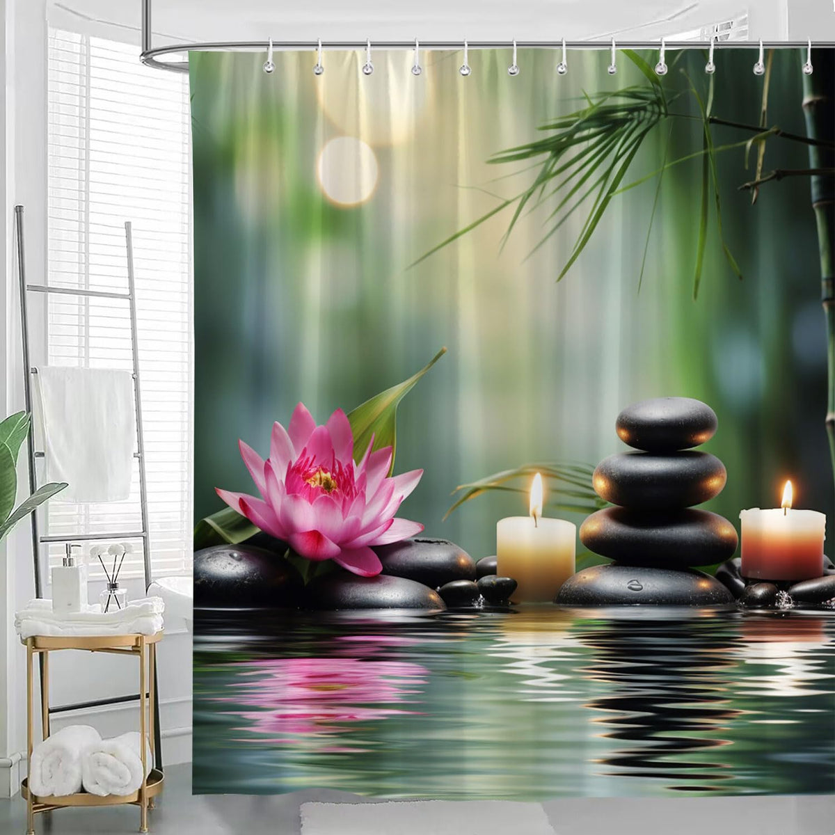 Zen Shower Curtain Asian Zen Stone Lotus Floral Water Ripple Spa Relaxation Elegant Rustic Plant Wildflower Bathroom Decor Curtains 59x70 inch with Hook (59"W x 70"L (Pack of 1))