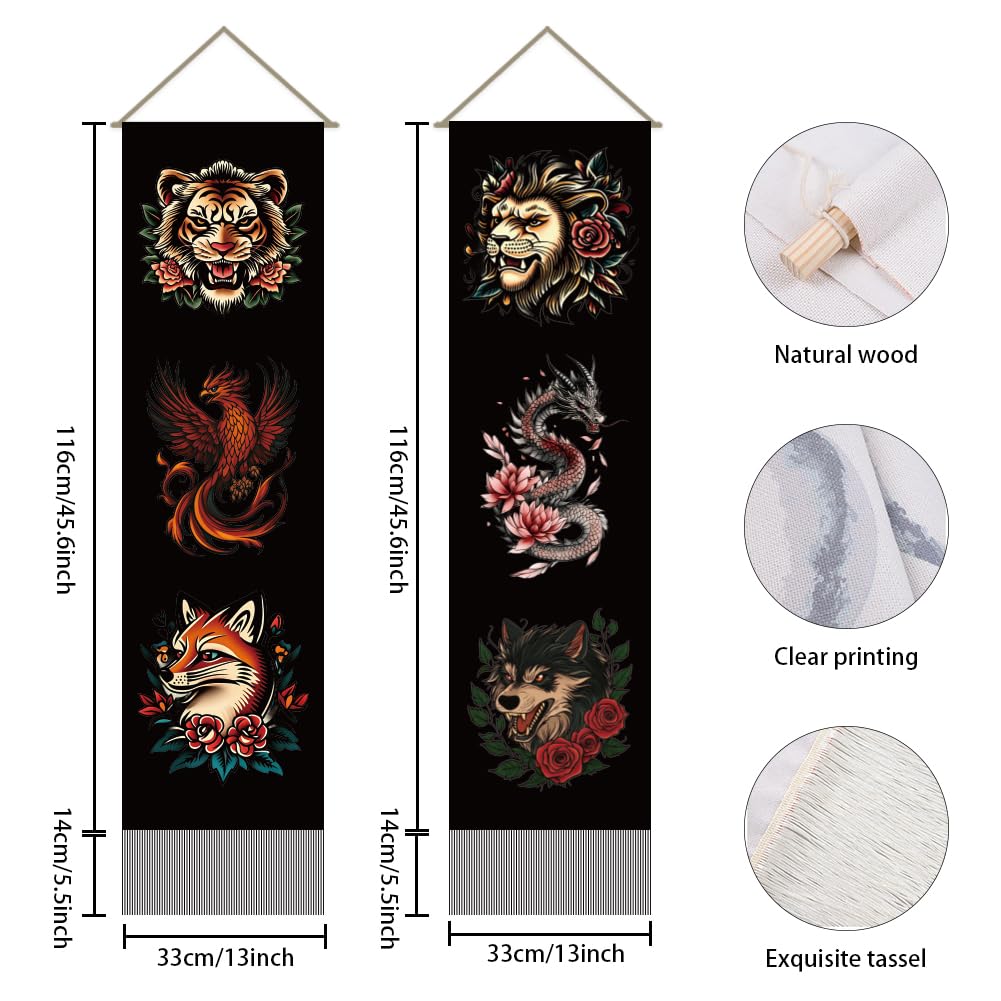 2Pcs Mythical Animals Long Vertical Tapestry (Black-tiger lion)