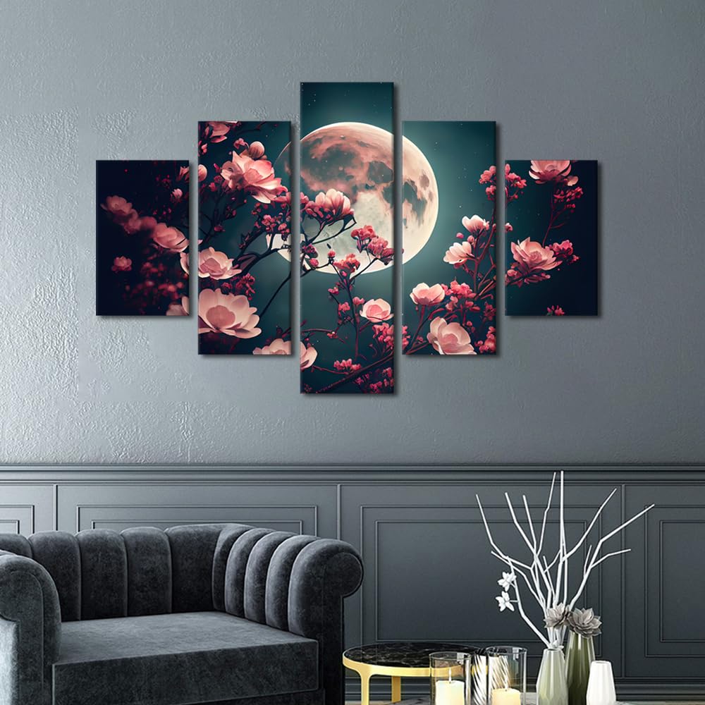 Canvas Wall Art Premium Night Blooming Flowers With Full Moon Landscape Printed Art Five Panel Framed Painting Housewarming Gift Contemporary Wall Decor Ready To Hang 60" Wx40 H‌ (60''Wx40''H / Artwork-02)