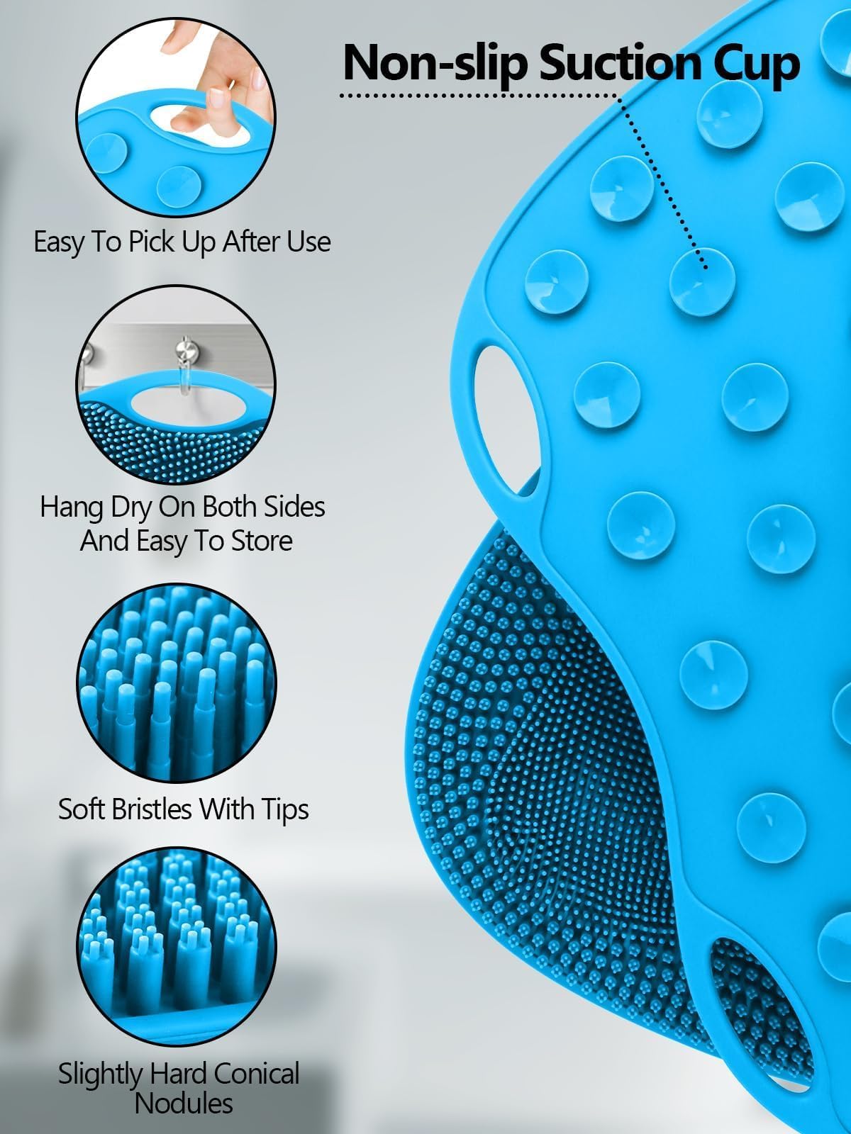Silicone Shower Foot Scrubber Mat with Non Slip Suction Cups (Blue)