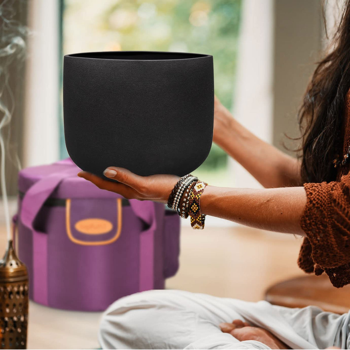 Black D# Note Crystal Singing Bowl 10 inch Navel Chakra with Heavy Duty Carrying Case and Suede Mallet (Black 10 inch / D# Note)