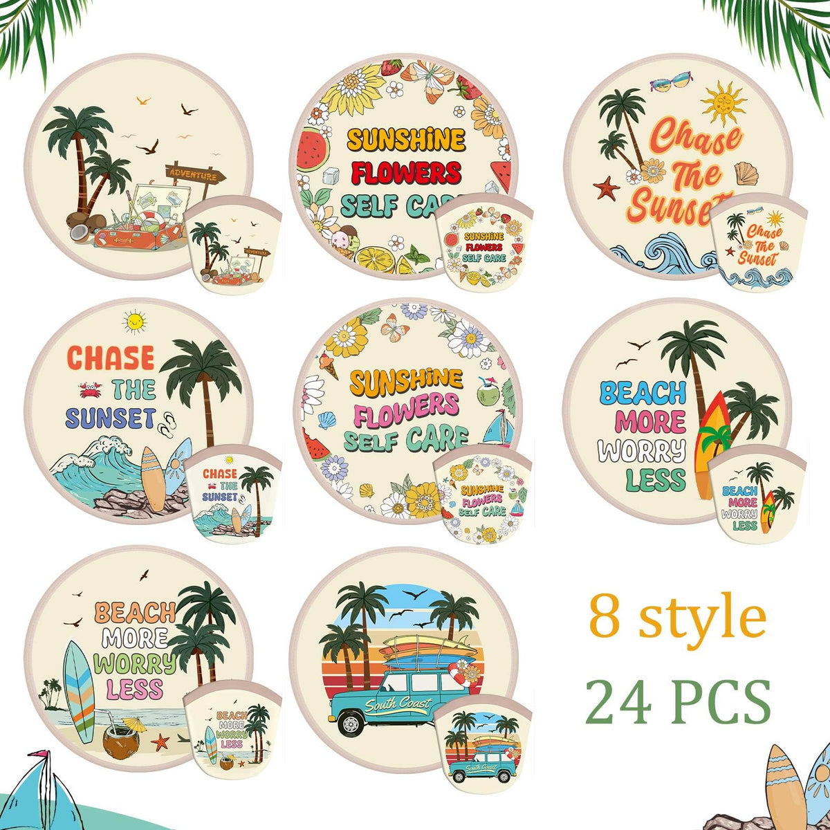 24 Pcs Beach Vacation Foldable Hand Fans Flying Disc 8 Style (Beach Vacation)