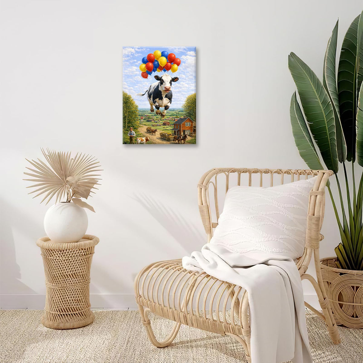 Farmhouse Dairy Cow Wall Art Funny Cow Wall Decor Farm Painting Balloon Canvas Pictures for Kitchen Dining Room Living Room 16"x20" (Balloon Cow / 20"L x 16"W)
