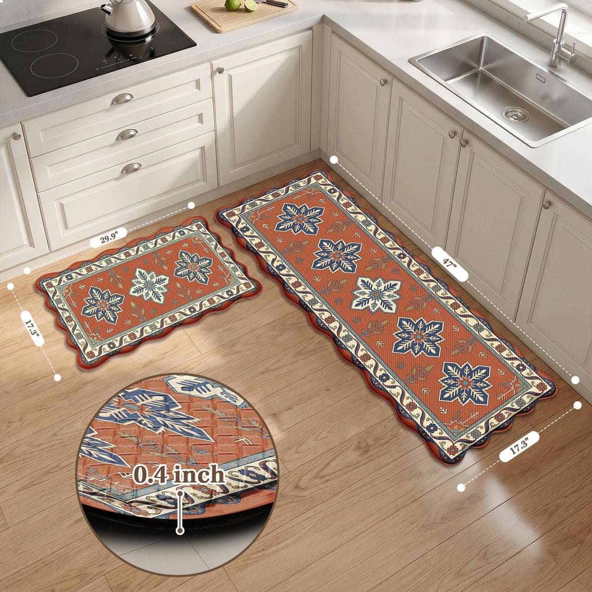 Anti Fatigue Kitchen Mats Set of 2 (Boho Floral / 17.3''x29.9''+17.3''x47'')