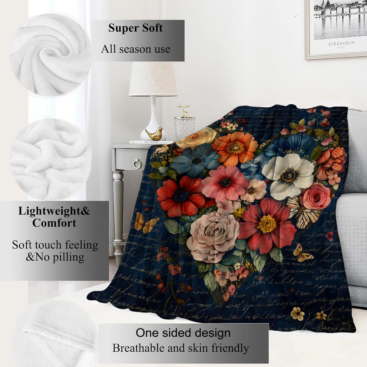 Heart of Flower Blanket Vintage Floral Throw Blankets with Colorful Blooms (60x80in / Heart)