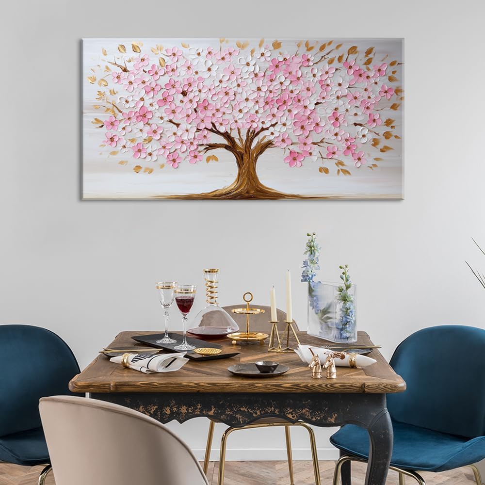 Pink and White Tree Petals Wall Art for Living Room Office Nature Art Deco Plant Scenic Painting Prints Modern Canvas Artwork Over the Couch Bedroom Decor Extra Large (58L" x 28W" / Pink and White Tree Petals Wall Art (K869))