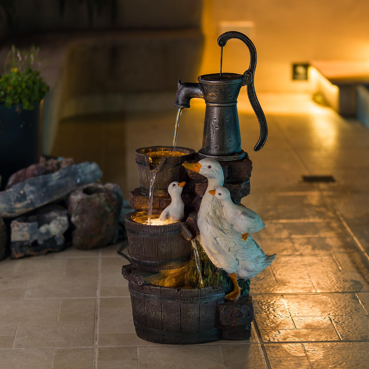 3 Tier Duck Family Barrel Outdoor Water Fountain