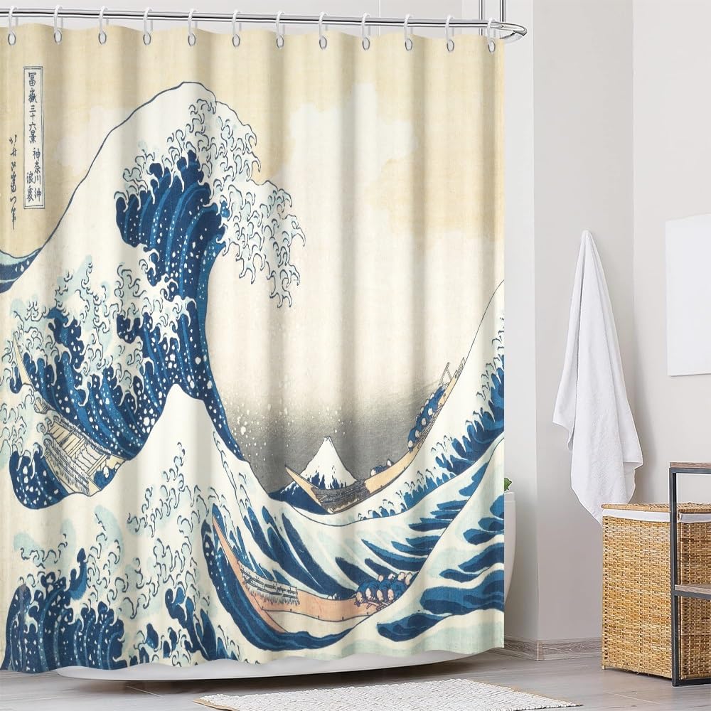 Traditional Japanese Painting Shower Curtain Japanese Sea Waves Bathroom Curtain Abstract Ocean Wave Wooden Boat Shower Curtains Washable Waterproof Fabric Bathroom Decoration 72x84 Inch (72"W x 84"L (Pack of 1) / Blue-48)