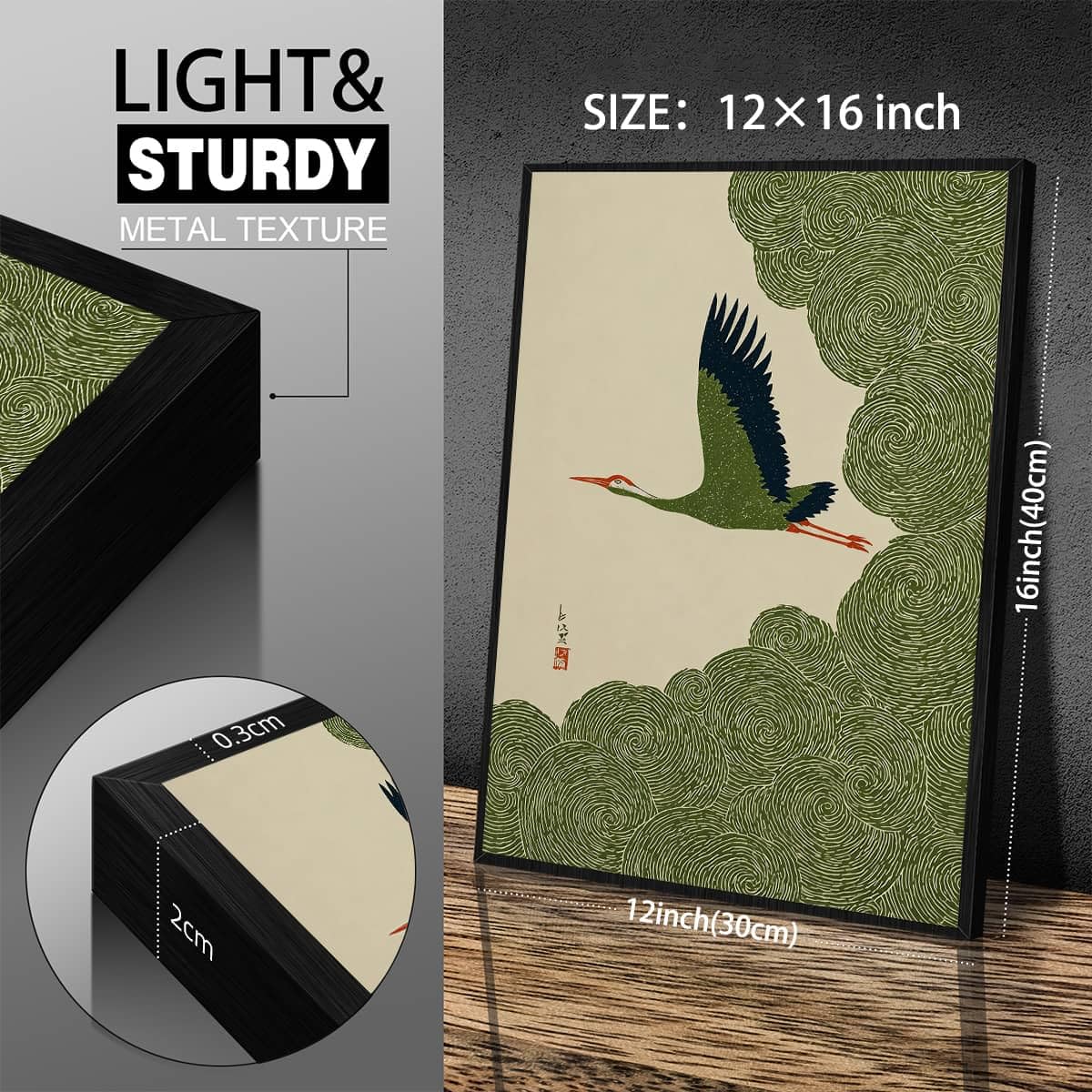 Black Framed Vintage Japanese Flying Wall Art 12x16in Nature Bird Pictures Aesthetics Posters Animal Prints Nordic Nature Zen Calm for Asian Syle Living Room Bedroom Office Decor Ready to hang (Black Framed / Japanese Pictures / 16"L x 12"W)