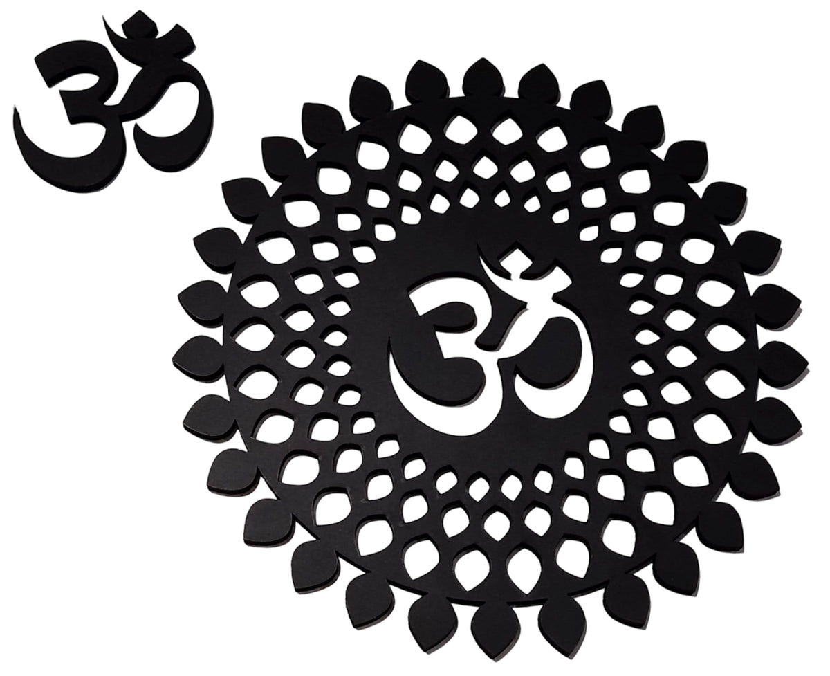 Black Om Round Decorative Wall Art Mdf Wooden Om Chakra For Temple (MANDALA OM-Black / 24"L x 24"W)