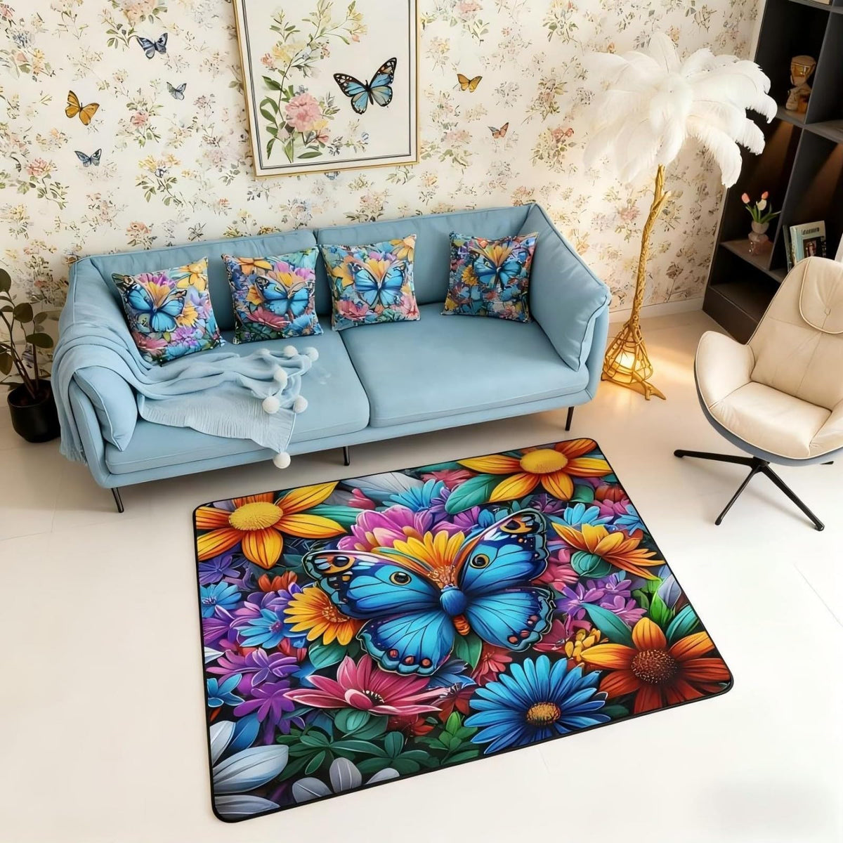 Colorful Butterfly 5x7 Area Rug Rainbow Flowers Living Room Rug (Blue Teal Orange / 4'11" x 6'6" (Rectangular))