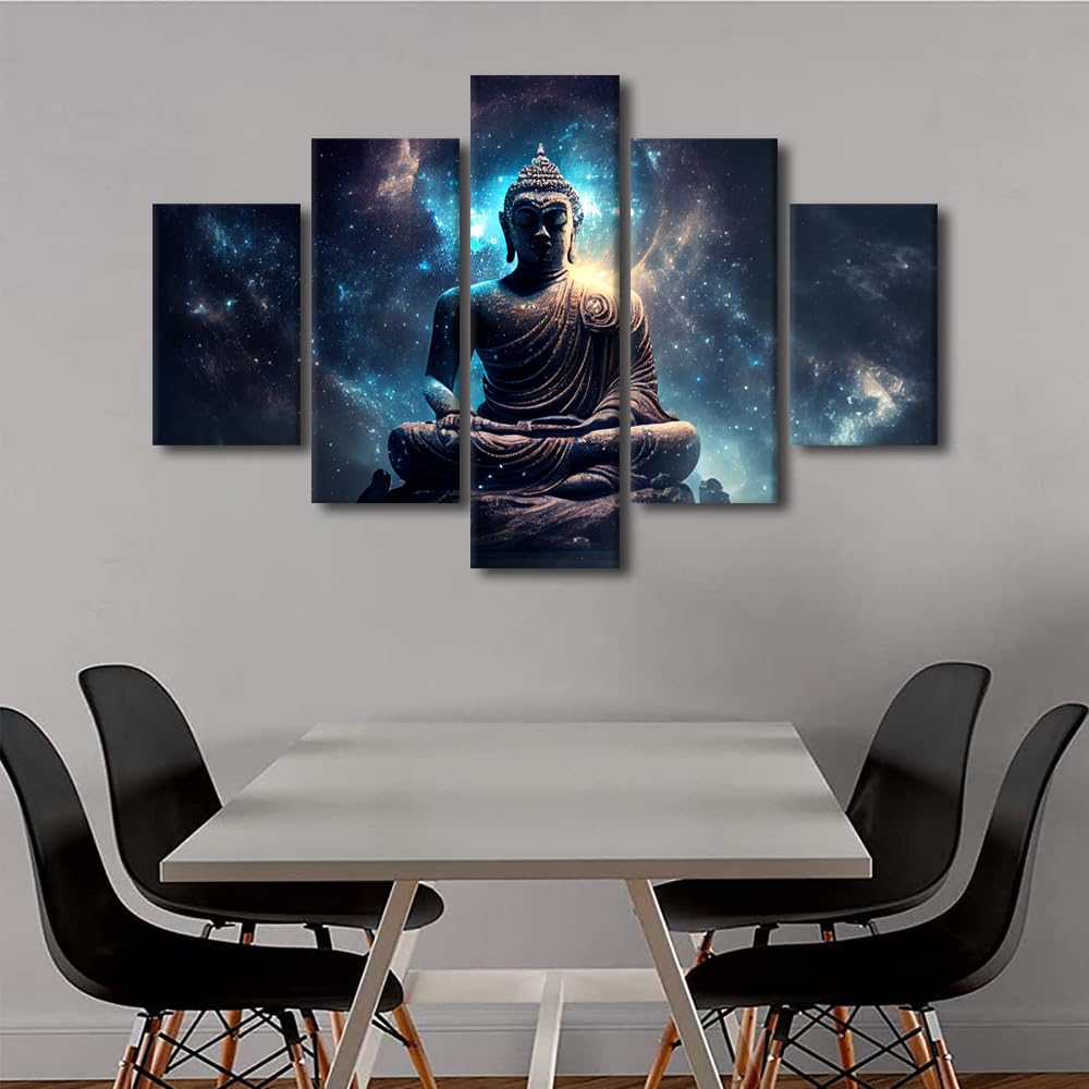 5 Panel Buddha Wall Art Modern Buddha Lotus Poster Decor Sacred and Spiritual Buddha Sculpture Picture Printing for Buddhist Believers Living Room Decor Stretched and Framed Ready to Hang 60x40 in (60x40 in / 5PANEL-14)