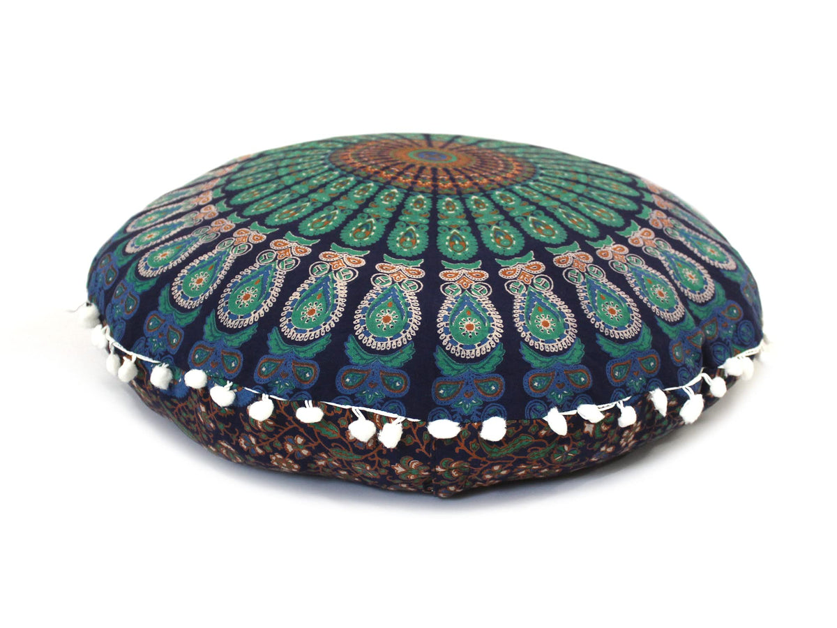 Large Hippie Floor Pillow Cover Mandala Meditation Cushion Case Pouf Cover Round Poufs Cover Bohemian Floor Cushion Cover Outdoor Fireplace Yoga Living Room Decor 32" Blue Mirchi (Blue Mirchi)