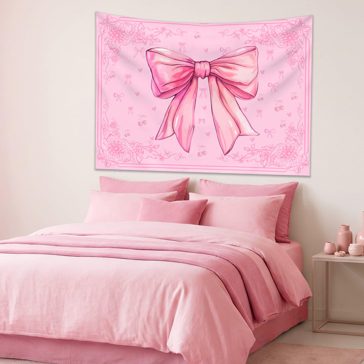 Pink Bohemian Wall Hanging Preppy Bow Tapestry for Teen Girls 60ʺ x44ʺ (Pink / 60"L x 44"W)