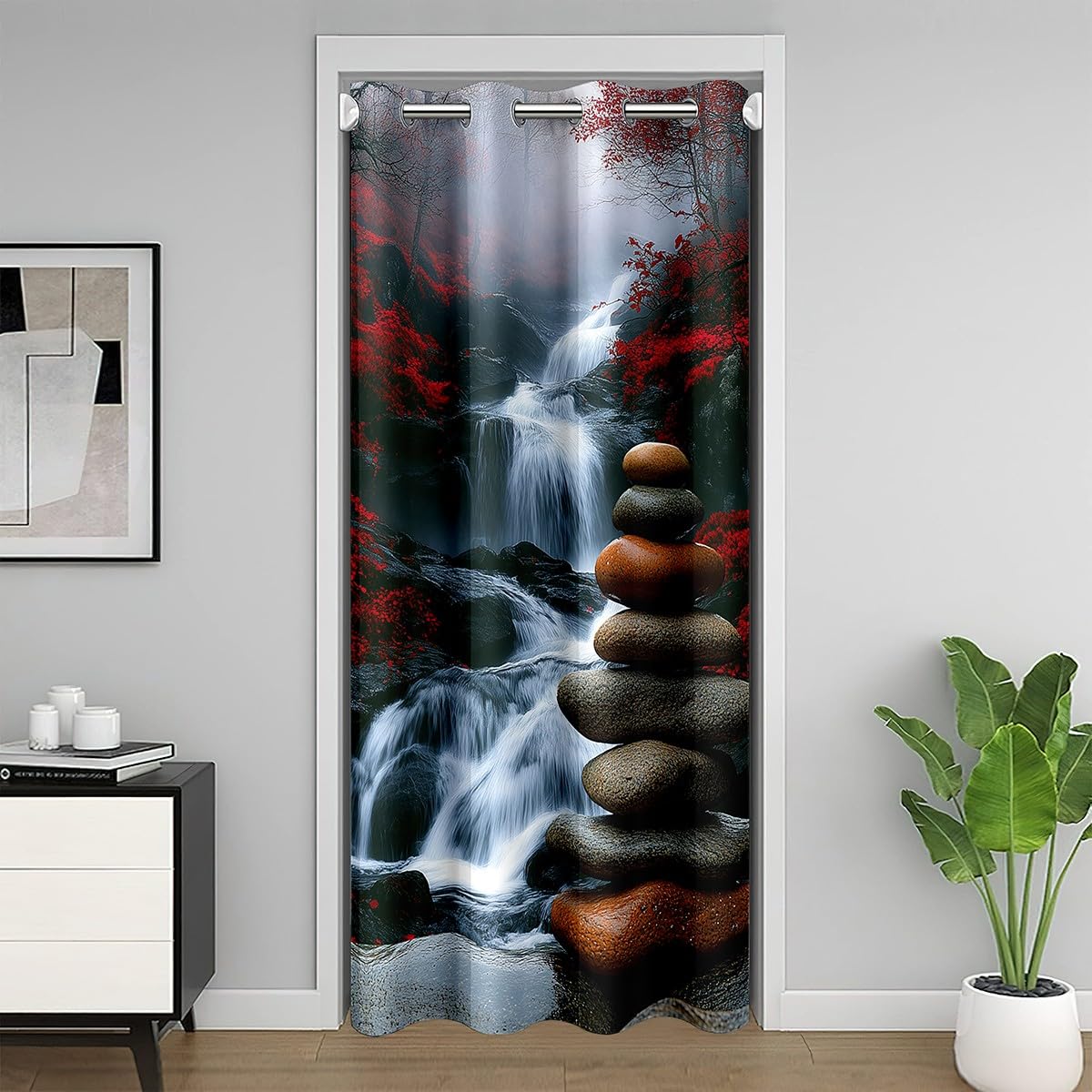 Zen Door Curtain for Doorway Privacy 42x84 Inch 1 Panel Kids Chinese Style Waterfall Closet Cover Teens Nature Scenery Room Divider Curtain Breathable Soft Lightweight Black Red Room Decor (Red Carbon Black / 42"W x 84"L (Pack of 1))