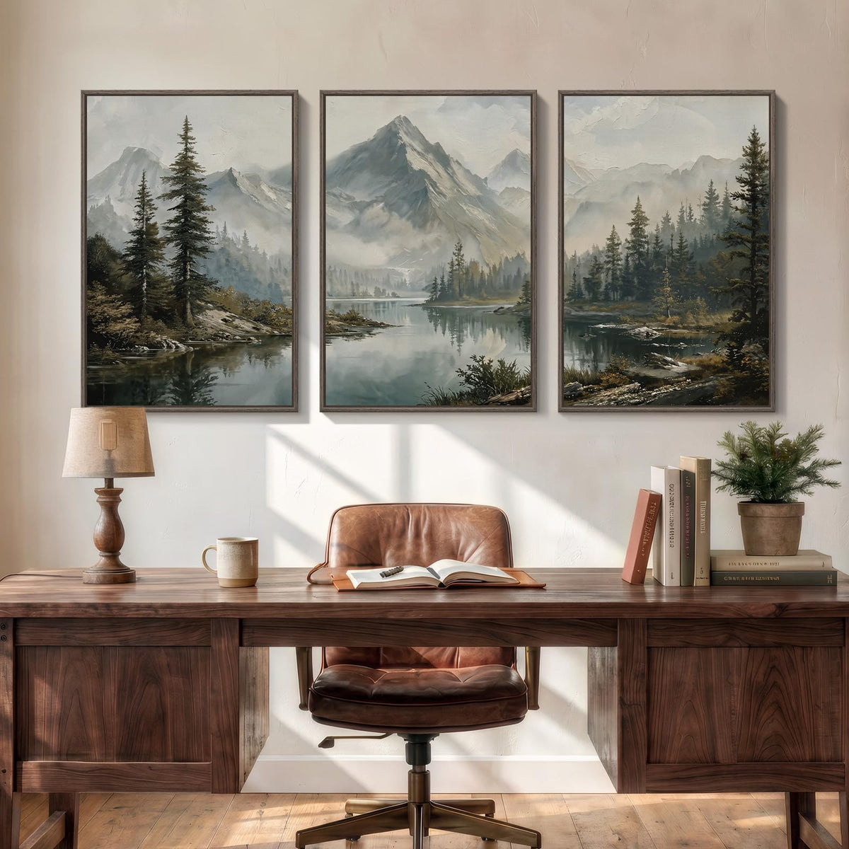 3 Piece Large Framed Mountain Landscape Wall Art for Living Room (Gray / 24" W x 36" H x 3Pcs)