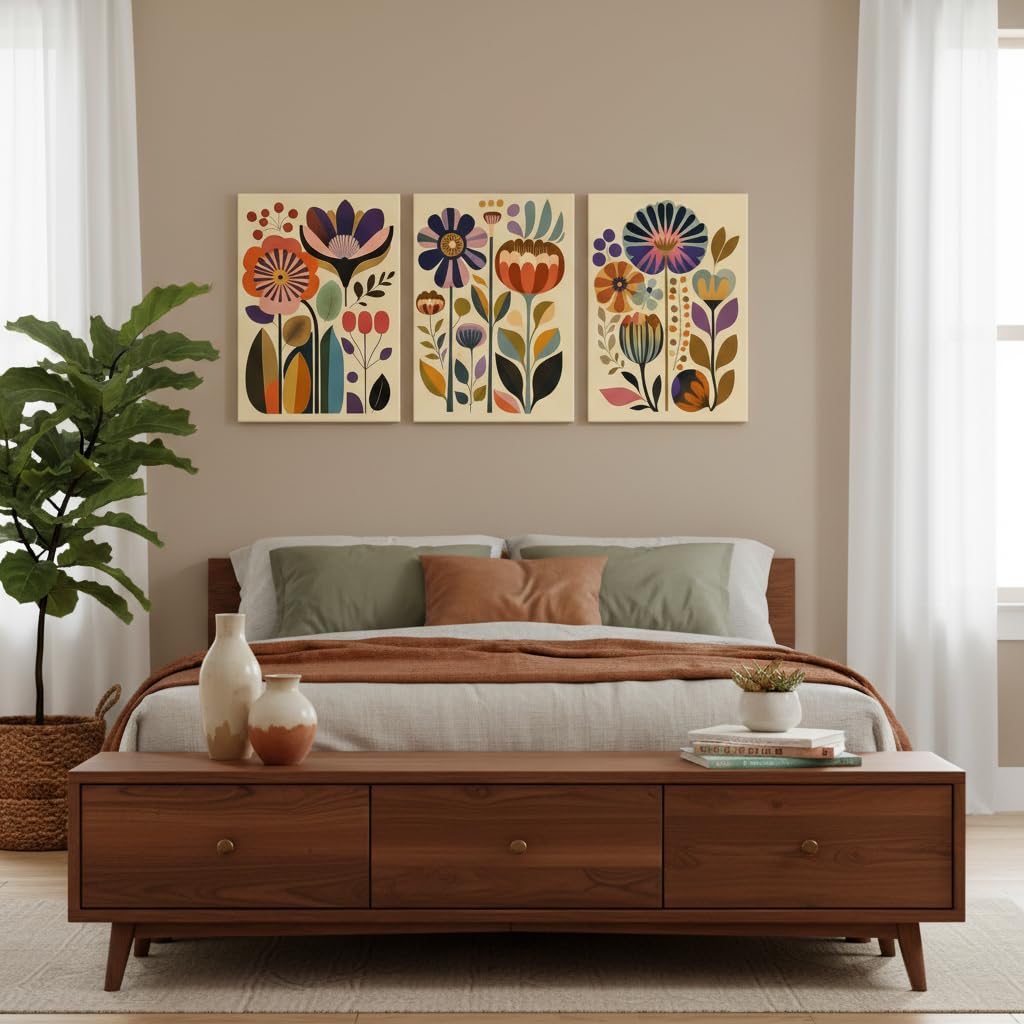 3 Pcs Boho Floral Canvas Wall Art (Nordic flowers / 24"L x 16"W)